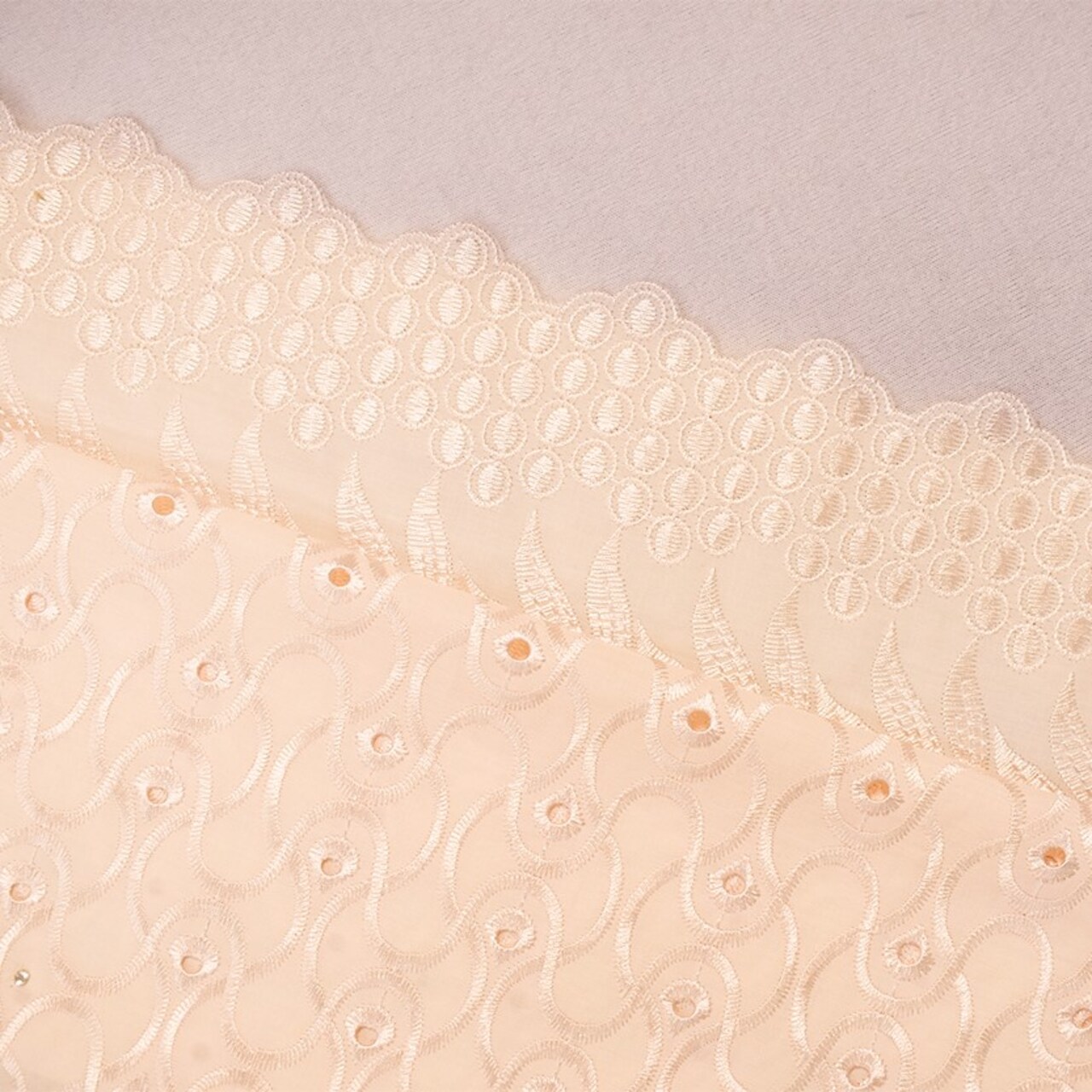 Beige Poly-Cotton Embroidery Eyelet Floral Scallop Rhinestone Woven Fabric By the Yard